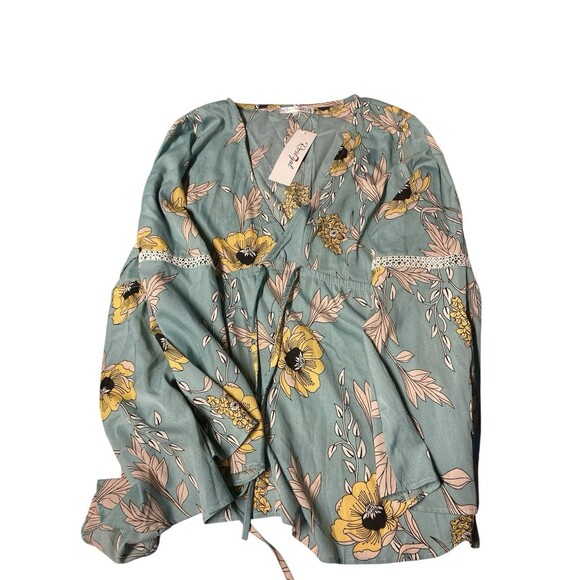 NEW NWT ROSEGAL Plus Size Flower Print V-Neck Long Sleeve Blouse Top 2X - Picture 1 of 3